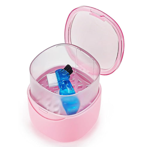 Leak Proof Partial Denture Case with Strainer Basket and Brush, Waterproof Cleaning Bath Case for Dentures, Braces,