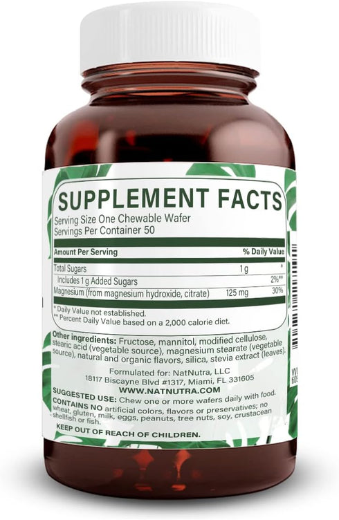 Natural Nutra Chewable Magnesium Supplement with Citrate and Chelate for Kids and Adults, Best Pure Mag Chew for Muscle, Nerve, Bone, and Heart Health, 125mg, 50 Vegan Wafers