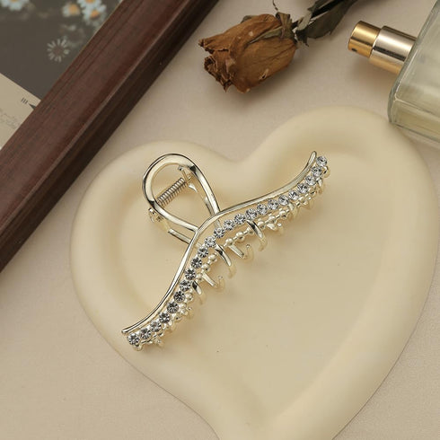 Metal Hair Claw Clips - Rhinestone & Artificial Pearls Claws, 4.4 Inch Silver Hair Clips for Women (3 Pack)
