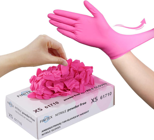 FINITEX Pink Nitrile Disposable Gloves - 3.5mil 100PCS Powder Free Latex Free Cleaning Medical Exam Gloves