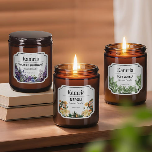 Kamria 7oz Violet Iris Sandalwood Candle, Elegant Floral Woody Aromatherapy in Amber Glass Jar, Natural Soy Wax