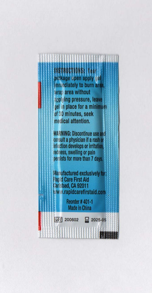 Rapid Care First Aid 401-25-4 Emergency Burn Gel Pouches - Relieves Pain, Cools & Soothes Burns, 0.03oz Packets