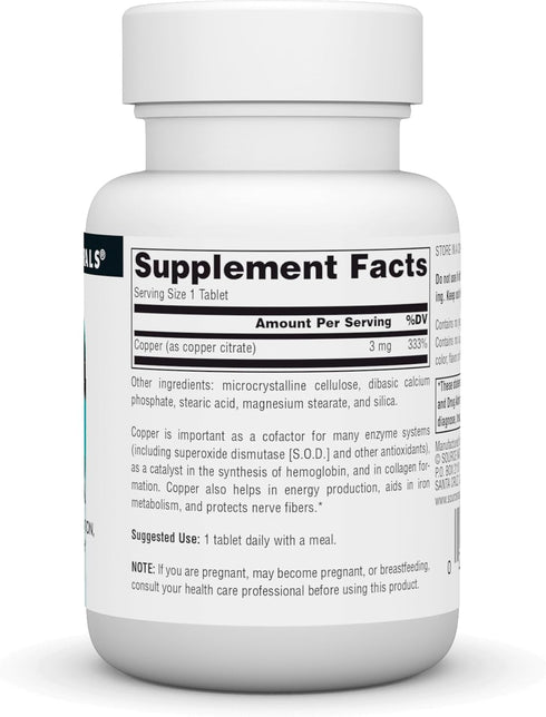 Source Naurals Copper, Supports Energy, Cognition, and Immune Health*, 3 mg - 60 Tablets