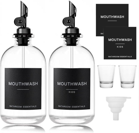 Black Glass Mouthwash Dispenser with Cups, 12.7 oz, 2 Pack, Clear Bottle with Stainless Steel Spout for Bathroom