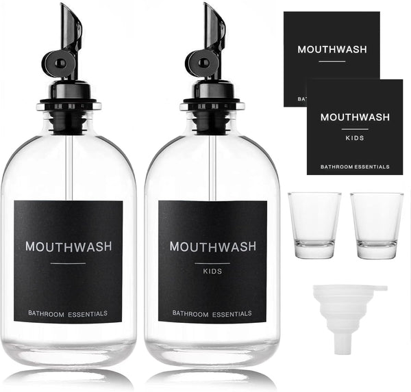 Black Glass Mouthwash Dispenser with Cups, 12.7 oz, 2 Pack, Clear Bottle with Stainless Steel Spout for Bathroom