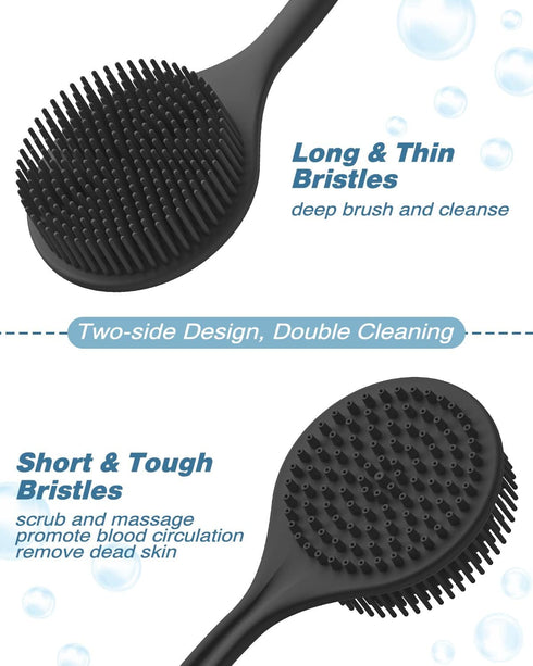 Silicone Back Scrubber & Soft Bath Glove Set, Super-Cleaning Body Scrubber with Free Hook (Black)
