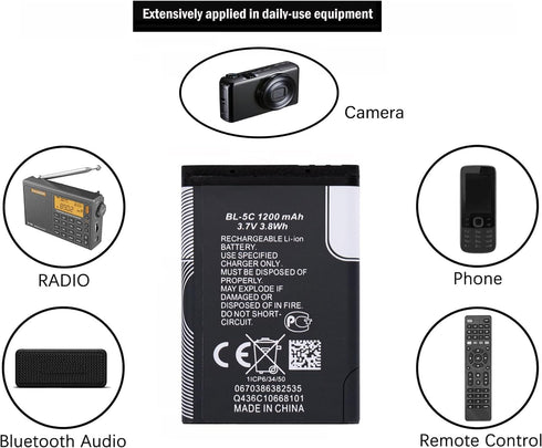 Lumaoer 2PCS 3.7V 1200mAh BL-5C Rechargeable Battery Suitable for Household Radio with Current
