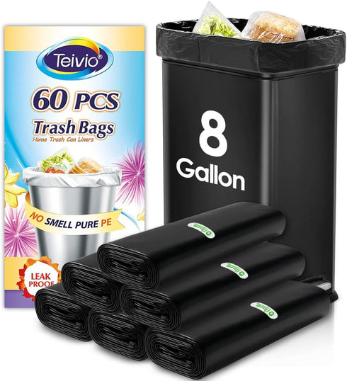 Teivio 8 Gallon 60 Counts Strong Trash Bags - Garbage Bags for Bathroom Trash Can Bin Liners, Medium Plastic Bags