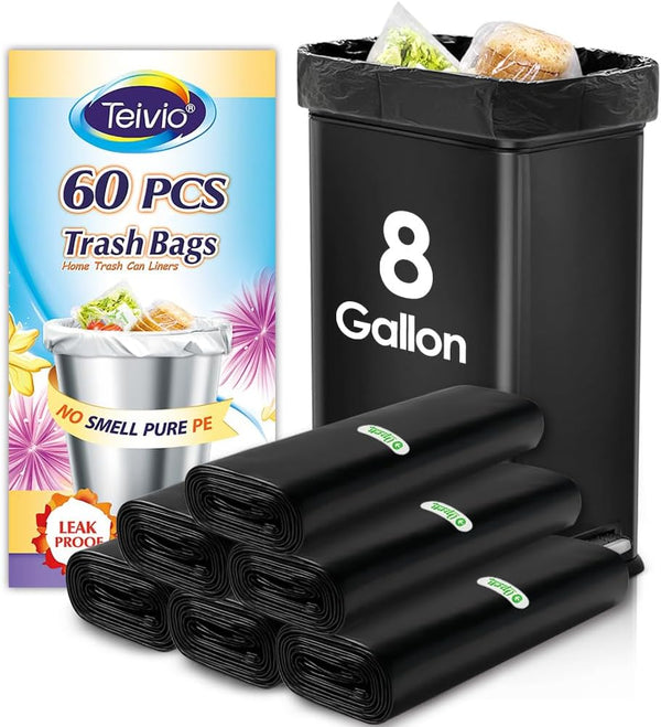 Teivio 8 Gallon 60 Counts Strong Trash Bags - Garbage Bags for Bathroom Trash Can Bin Liners, Medium Plastic Bags