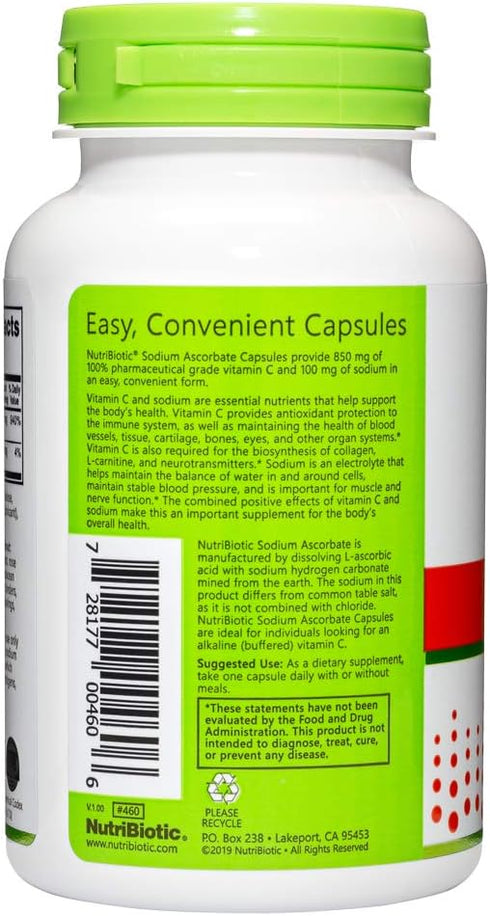NutriBiotic Sodium Ascorbate Buffered Vitamin C Capsules, 100 Ct | Vegan & Non-Acidic Immune Support