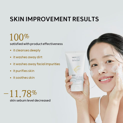 THANKYOU FARMER Rice Pure 2-IN-1 Korean Clay Mask to Foam Cleanser 5.27 fl.oz, Removes Excess Oil & Dead Skin Cells