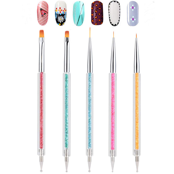 TEOYALL Double-Ended Nail Art Brushes, 5 PCS Nail Design Tools Kit with Nail Liner Brush and Dotting Pens