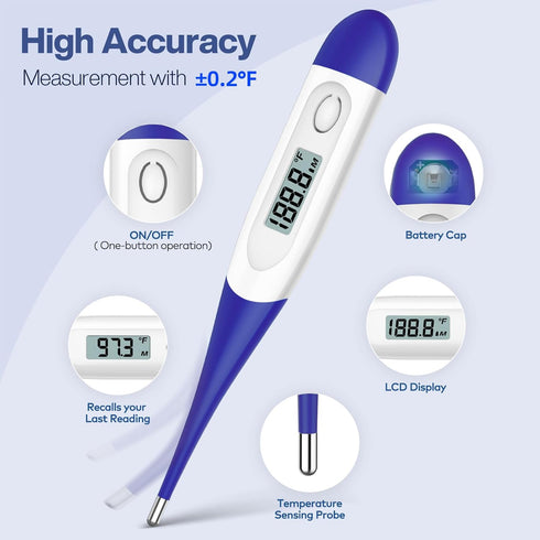 Boncare 10 Seconds Digital Thermometer for Adults and Kids, Accurate Rectal Thermometer with Fever Alarm (Dark Blue)