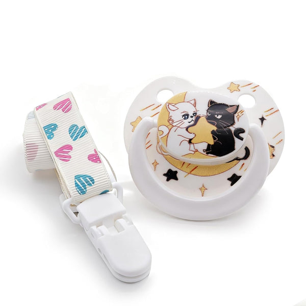 Large Shield Sensory Pacifier Gemini Cat Design Calming Tool with Clip &