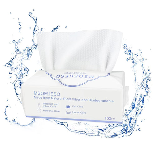 Disposable Face Towel, MSOEUESO 100% Cotton Facial Tissues, Biodegradable Clean Towels, 100 Count