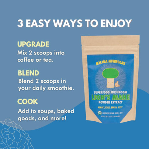 Lion's Mane Extract Powder by Malama, Organic Fruiting Body Lions Mane Mushroom Powder, Superfood Adaptogenic, Supports