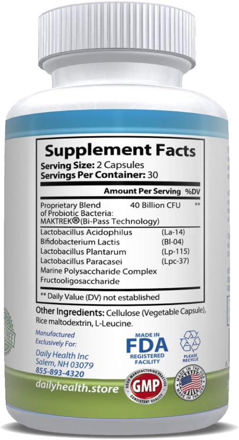 Daily Probiotic 40 Billion CFU with MakTrek Bi-Pass Technology - 60 Veggie Capsules for Digestion & Immune Health