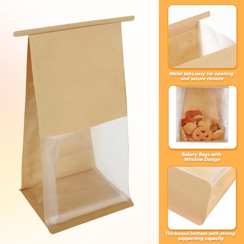 PercyEffie 100Pcs Packaging Favors,Popcorn(5.1x 3.9x 11Inch) Bakery Bags with Window,Tin Tie Tab Lock Bread Cookie Bags