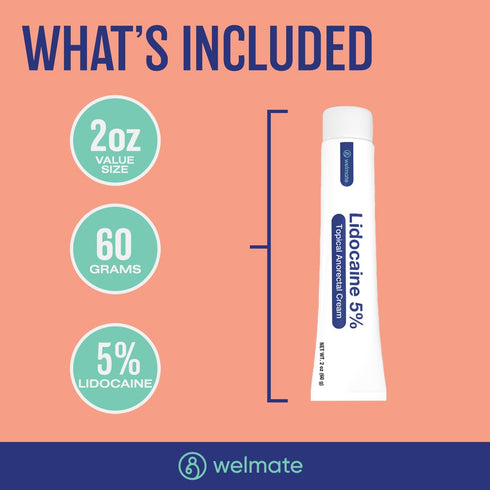 WELMATE 5% Lidocaine Numbing Cream, Maximum Strength Topical Anesthetic for Aches, Back Pain, Itching, 2 Oz