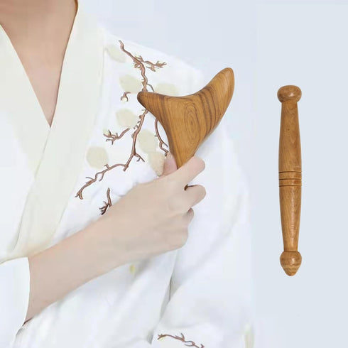 Honbay 2PCS Reflexology Tools Wood Body Massager Triangle Gua Sha Board Scraping Board Foot Massage Stick Tool Head