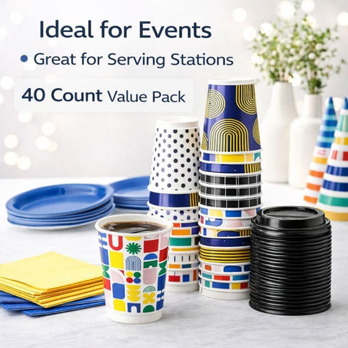 K3M 12 oz 40 Count, Insulated Hot Cups with Lids, Disposable Coffee Cups for Home, Office, Parties, Meetings, Travel
