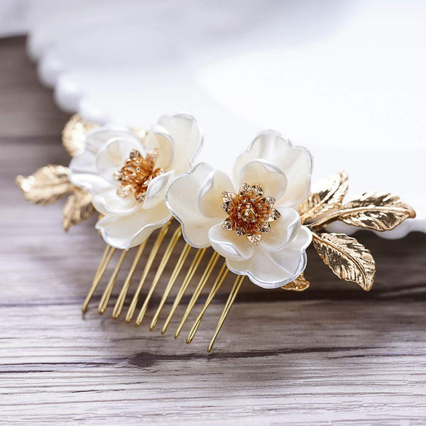 Yean Bride Flower Bridal Hair Comb, Gold Leaf Wedding Hair Piece, Floral Accessories for Women and Girls