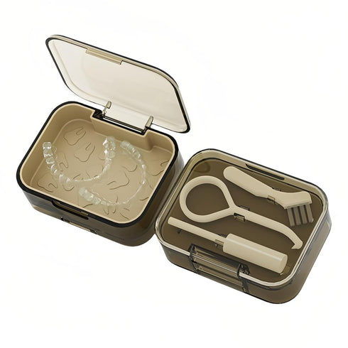 Double-layer Retainer & Aligner Case, Mouthguard and Night Guard Storage Case with Cleaning Tool, Brush and Chewer