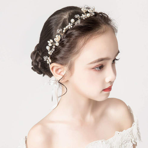 PRDGIRL Wedding Hair Accessories for Kids, Princess Headpiece White Flower Headband, Pearl Hair Dress for Girl and