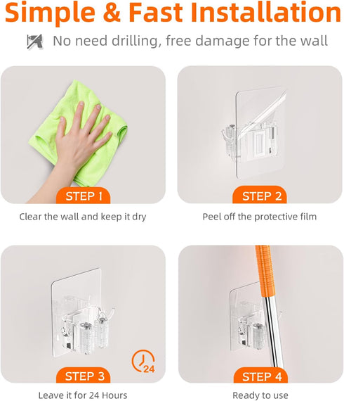 Batur Broom Holder Wall Mount, 4 Pack Anti-Slip Mop and Broom Organizer, Adhesive Hanger for Bathroom Kitchen Laundry