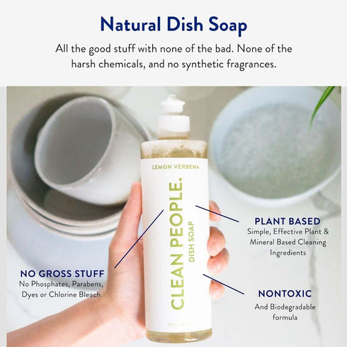 Clean People Liquid Dish Soap, 12 fl. oz Lemon Verbena Scent, Plant-Based Biodegradable Formula (3 Pack)