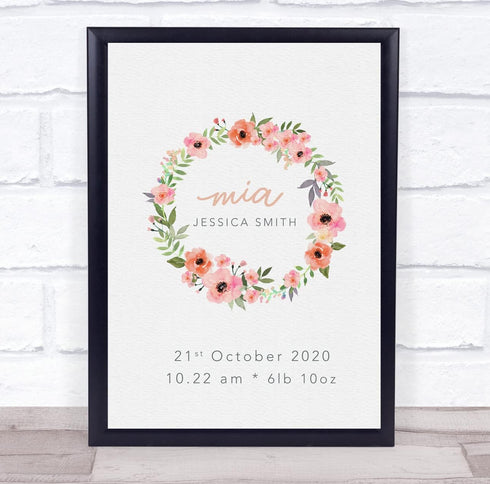 The Card Zoo New Baby Birth Details Christening Nursery Pink Flower Wreath Gift Print