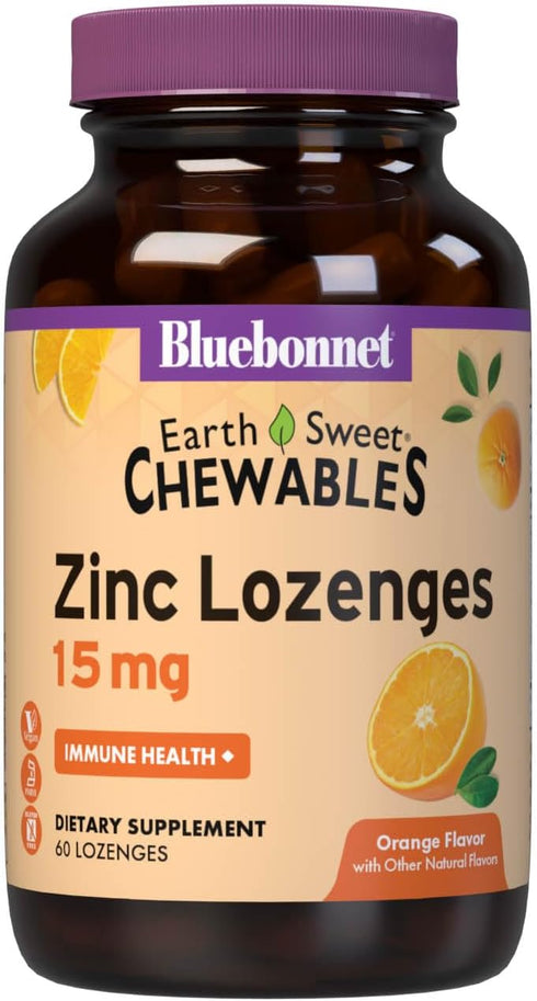 Bluebonnet Nutrition Earthsweet Zinc Lozenges 15mg, 100mg Vitamin C, Vegan, Orange Flavored, 60 Lozenges
