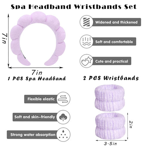 Spa Headbands for Washing Face Wristband Set Sponge Makeup Skincare Headband Wrist Towels Bubble Soft Terry Towel Cloth Hairband for Women Puffy Headwear Non Slip Thick Thin Hair Headwear (Lilac)