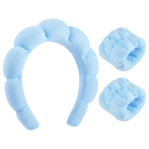 Sponge Spa Headband Set - Blue Makeup Headband and Wrist Washband for Face Washing, Skincare, Shower, Mother's Day Gifts