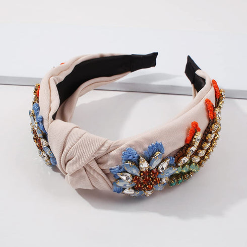 Yusier Baroque Rhinestone Crystal Headbands for Women | Exquisite Embroidered Hair Band Available in 5 Colors (Beige)