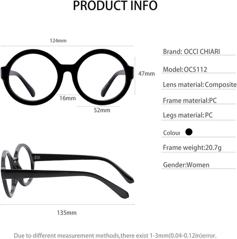 OCCI CHIARI Round Reading Glasses for Women, Fashion Reader 0 1.0 1.5 2.0 2.5 3.0 3.5 (Black, 3.0)