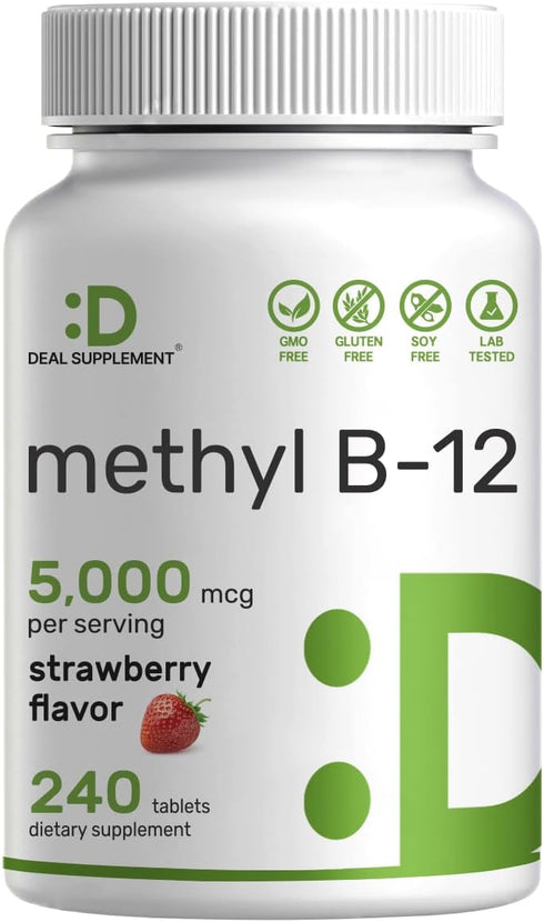 DEAL SUPPLEMENT Methyl B-12 Vitamins 5000 mcg, 240 Chewable Tablets, Strawberry Flavored, Energy Support