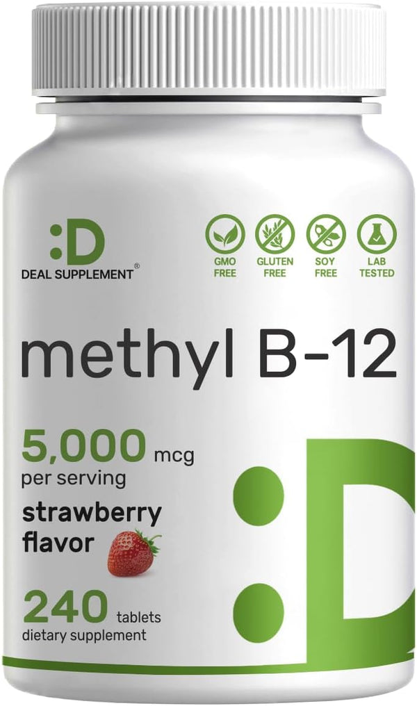 DEAL SUPPLEMENT Methyl B-12 Vitamins 5000 mcg, 240 Chewable Tablets, Strawberry Flavored, Energy Support