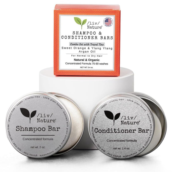 Shampoo Bar and Conditioner Set with Travel Case, Volume and Moisture for Dry Hair, Orange, Ylang Ylang, Argan Oil