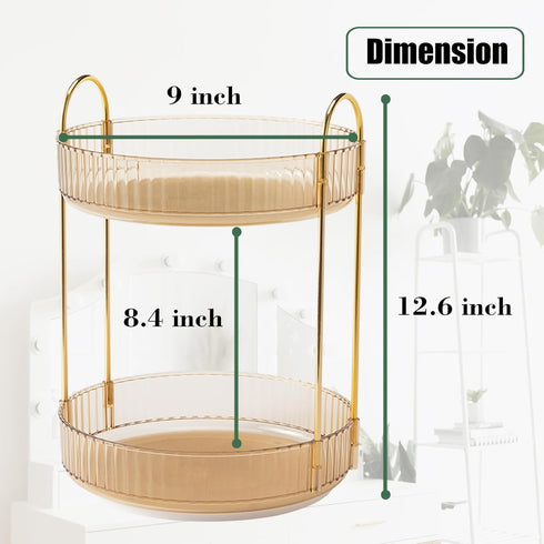 Rotating Makeup Organizer - 2 Tier Lazy Susan Trays for Skincare & Perfume, Amber Gold Bathroom Counter Vanity