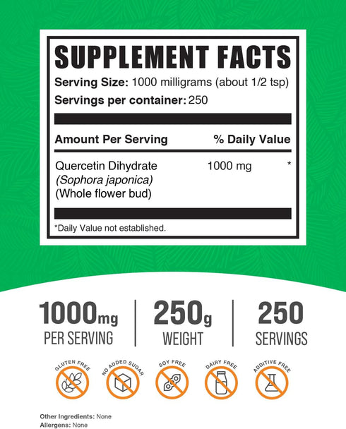 BulkSupplements.com Quercetin Dihydrate Powder, 1000mg Antioxidants Source, Vegan & Gluten Free, 250g