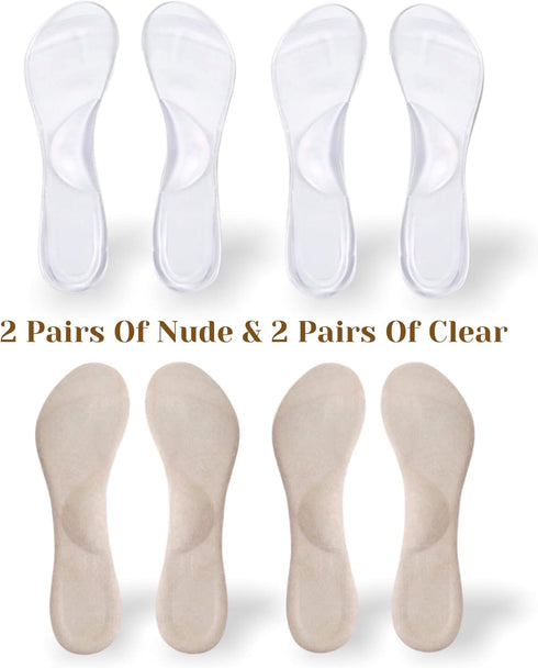 CB 4-Pairs Arch Support Insoles Silicone Gel Invisible Slim Inserts for Women Shoes, 3/4 Length, Shock Absorption, Arch
