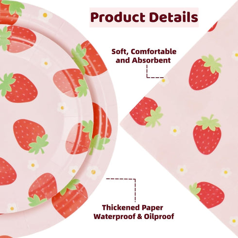 Strawberry Party Tableware Set - 200PCS Birthday Supplies Disposable Paper Plates Dinnerware for 50 Guests