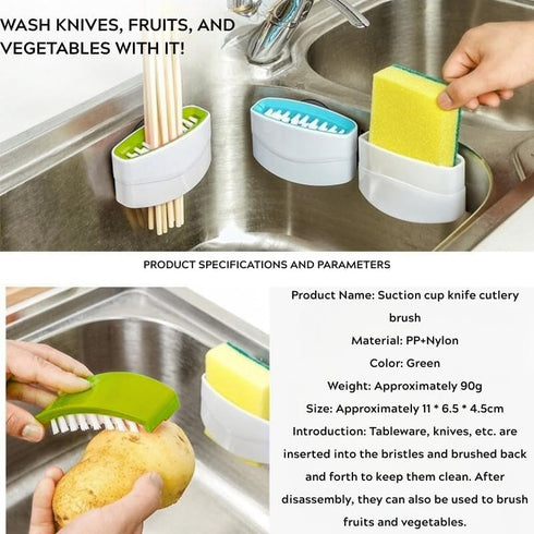 Suction Cup Knife Cleaning Brush Double-Sided Kitchen Scrubber for Cutlery, Chopsticks, Fruits Creative Sink Brush