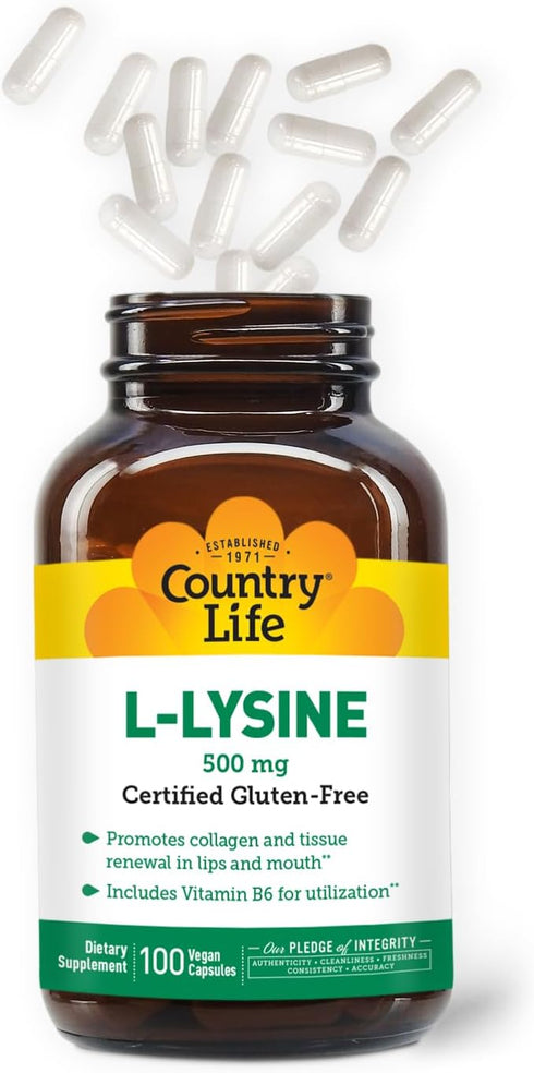 Country Life L-Lysine 500mg with B-6, 100 Vegan Capsules - Immune Health Support