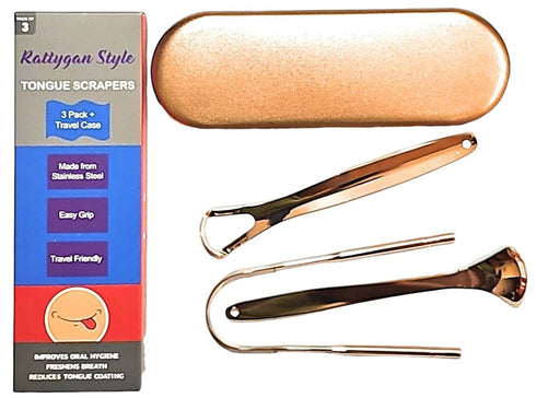 Metal Tongue Scrapers, 3 Piece Set 304 Stainless Steel with Storage Case