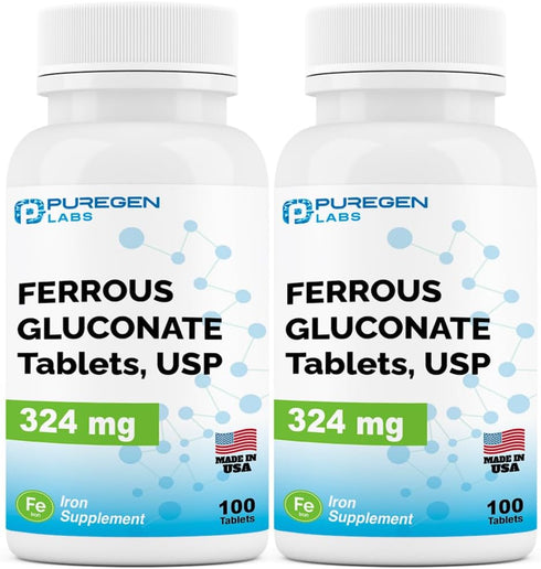 Puregen Labs Ferrous Gluconate 324 mg Iron Supplement, Gentle on Stomach | 2 Pack - 200 Tablets Total