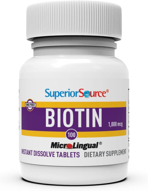 Superior Source Biotin 1000 mcg, Quick Dissolve MicroLingual Tablets, 100 Count, Supports Hair, Skin, Nail Growth