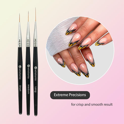 Winstonia Striping Nail Art Brushes Set of 3 pcs for Long Lines, Details, Fine Designs