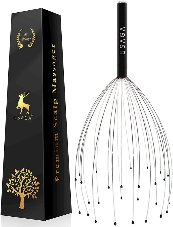 USAGA 28 Fingers Head Scratcher, Black Scalp Massager for Relaxing Head and Body